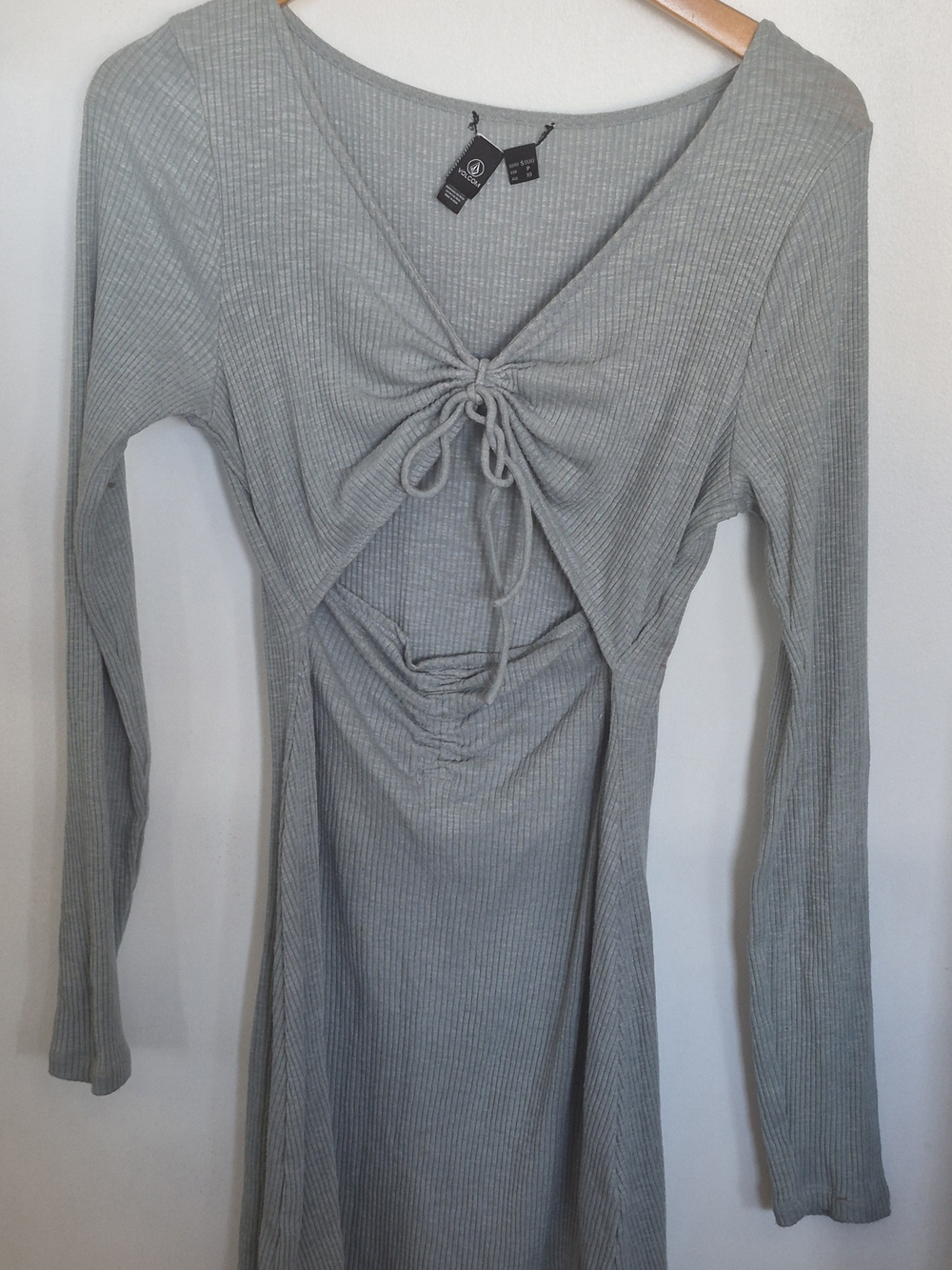 Ribbed Drawstring Front Long-Sleeve Dress - Gray